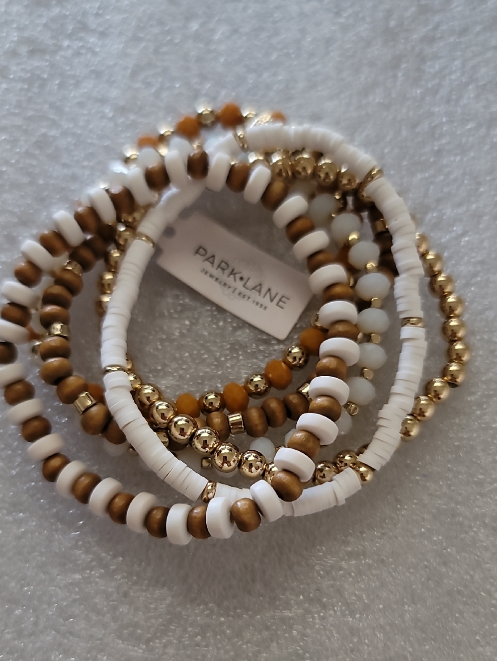 Park Lane White, Gold & Brown Stacked Beaded Stretch Bracelets